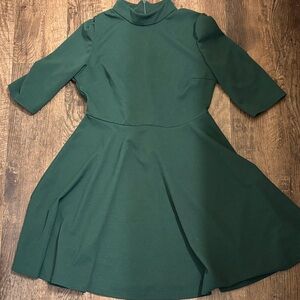 Chic Forest Green Long Sleeve Mock-neck Skater Dress Elbow Length Short Sleeve
